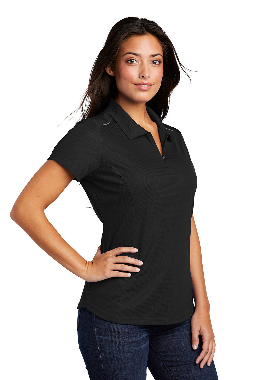 Port Authority L580 Womens Moisture Wicking Short Sleeve Polo Shirt Black Model 3q