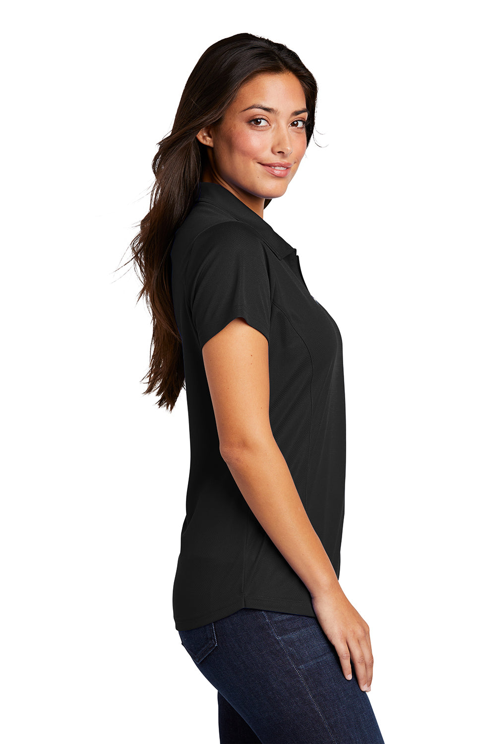 Port Authority L580 Womens Moisture Wicking Short Sleeve Polo Shirt Black Model Side