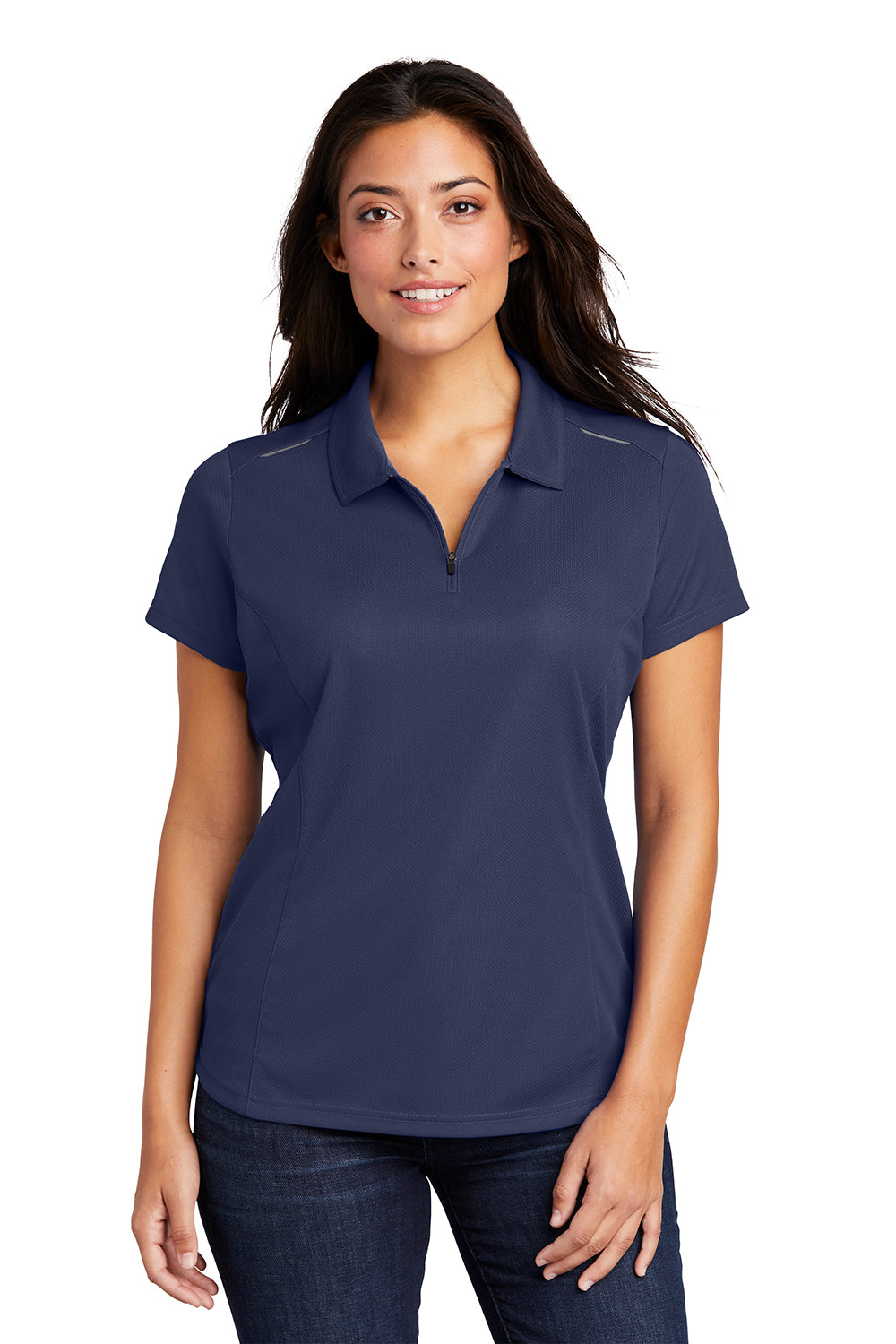 Port Authority L580 Womens Moisture Wicking Short Sleeve Polo Shirt True Navy Blue Model Front