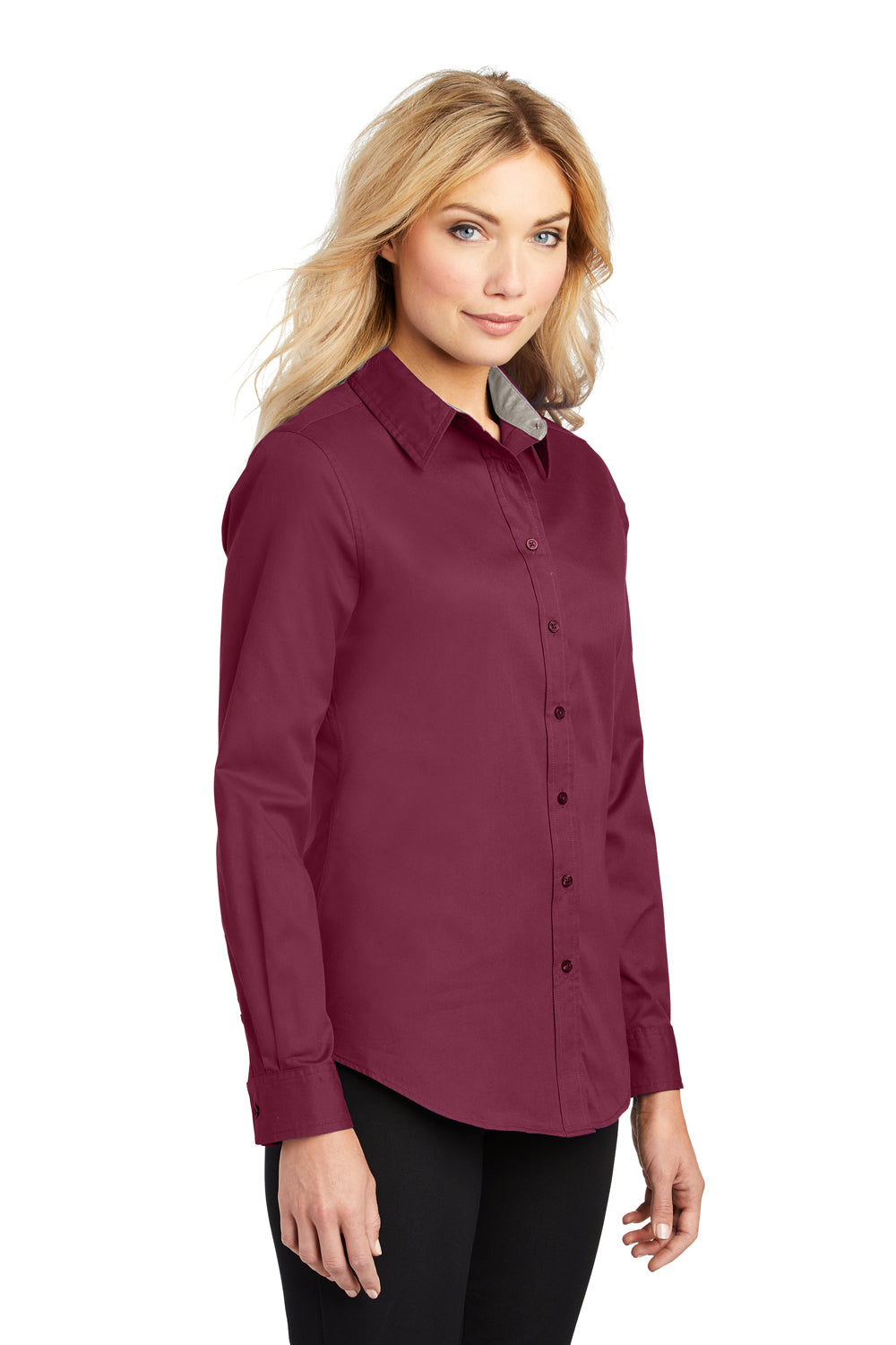 Port Authority L608 Womens Easy Care Wrinkle Resistant Long Sleeve Button Down Shirt Burgundy Model 3q