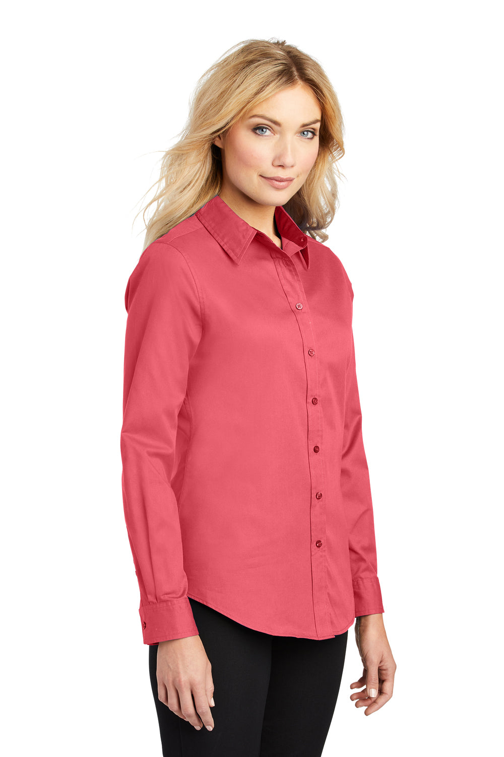 Port Authority L608 Womens Easy Care Wrinkle Resistant Long Sleeve Button Down Shirt Hibiscus Pink Model 3q