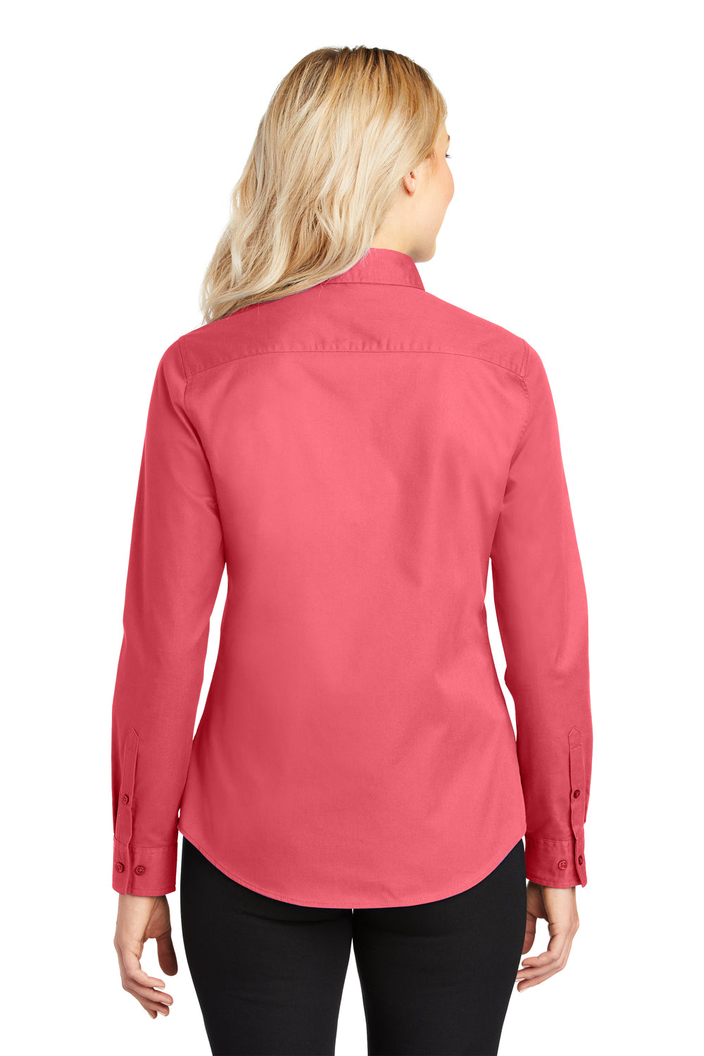 Port Authority L608 Womens Easy Care Wrinkle Resistant Long Sleeve Button Down Shirt Hibiscus Pink Model Back