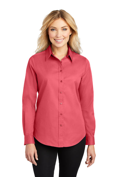 Port Authority L608 Womens Easy Care Wrinkle Resistant Long Sleeve Button Down Shirt Hibiscus Pink Model Front