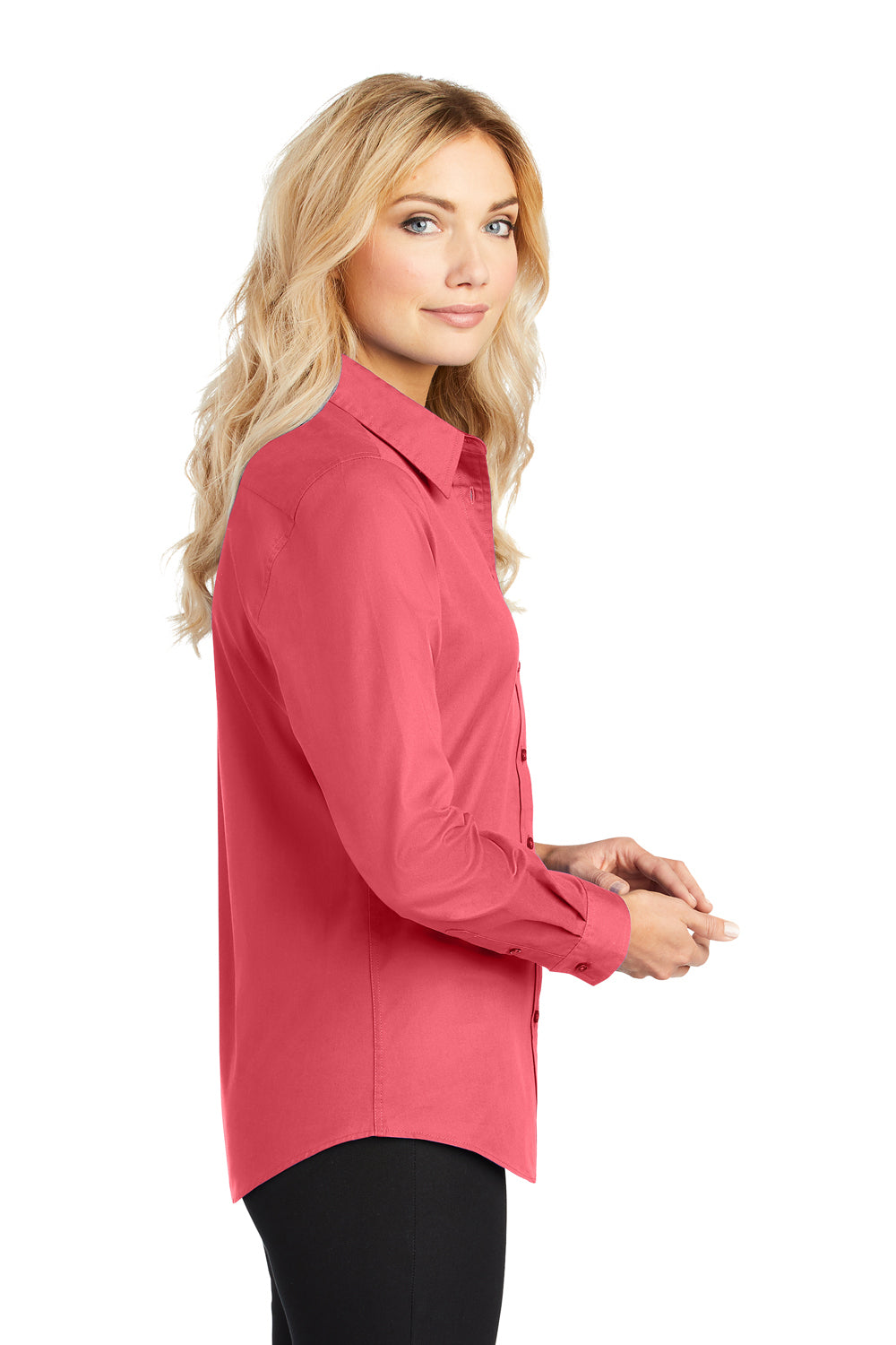 Port Authority L608 Womens Easy Care Wrinkle Resistant Long Sleeve Button Down Shirt Hibiscus Pink Model Side