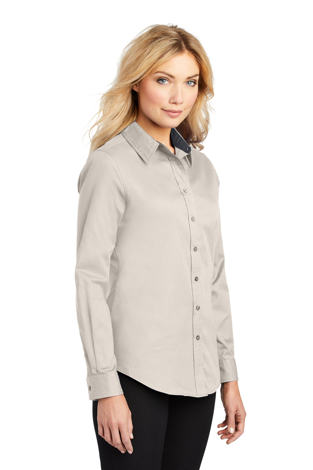 Port Authority L608 Womens Easy Care Wrinkle Resistant Long Sleeve Button Down Shirt Light Stone Model 3q