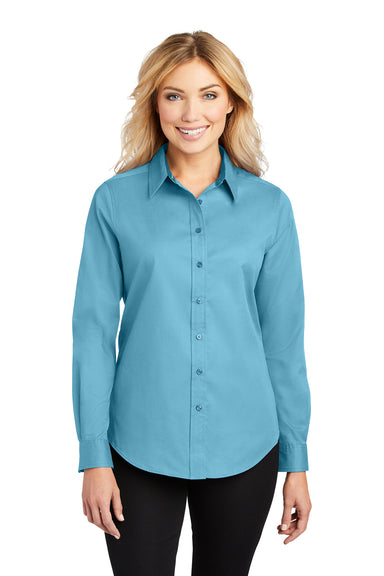 Port Authority L608 Womens Easy Care Wrinkle Resistant Long Sleeve Button Down Shirt Maui Blue Model Front