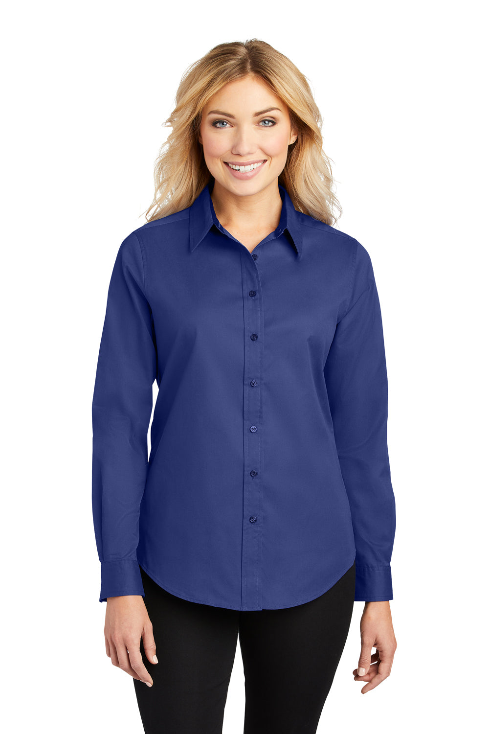 Port Authority L608 Womens Easy Care Wrinkle Resistant Long Sleeve Button Down Shirt Mediterranean Blue Model Front