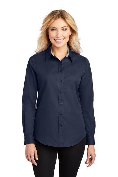 Port Authority L608 Womens Easy Care Wrinkle Resistant Long Sleeve Button Down Shirt Navy Blue Model Front