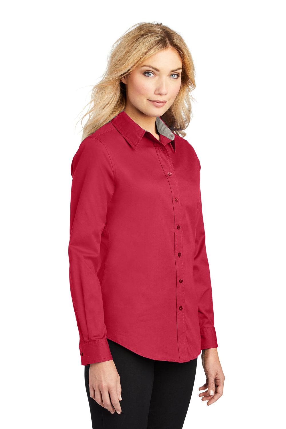 Port Authority L608 Womens Easy Care Wrinkle Resistant Long Sleeve Button Down Shirt Red Model 3q