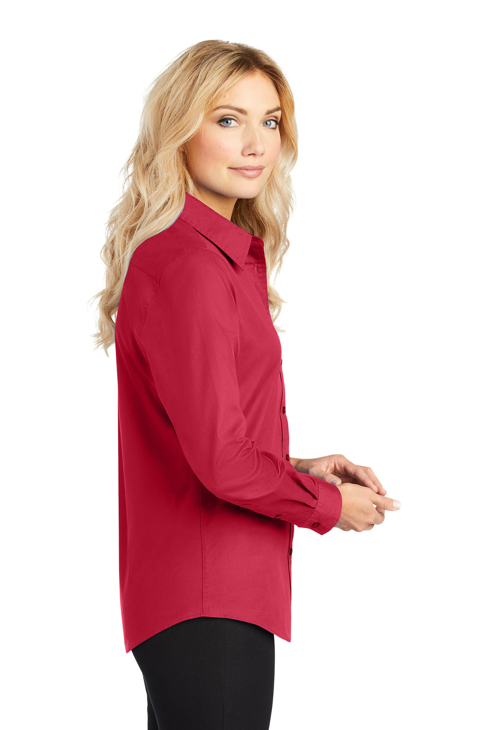 Port Authority L608 Womens Easy Care Wrinkle Resistant Long Sleeve Button Down Shirt Red Model Side