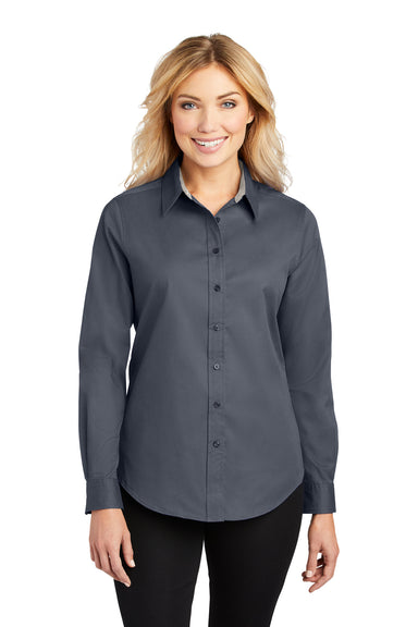 Port Authority L608 Womens Easy Care Wrinkle Resistant Long Sleeve Button Down Shirt Steel Grey Model Front