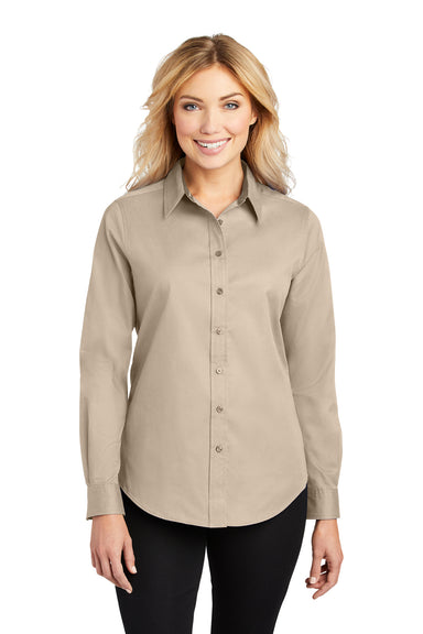 Port Authority L608 Womens Easy Care Wrinkle Resistant Long Sleeve Button Down Shirt Stone Brown Model Front