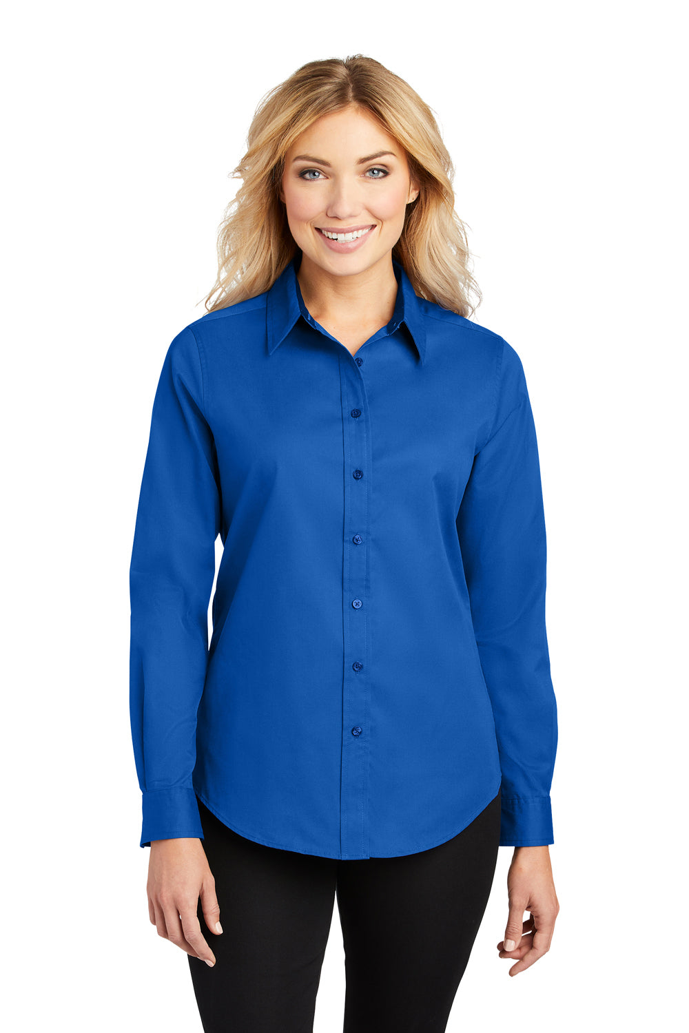 Port Authority L608 Womens Easy Care Wrinkle Resistant Long Sleeve Button Down Shirt Strong Blue Model Front