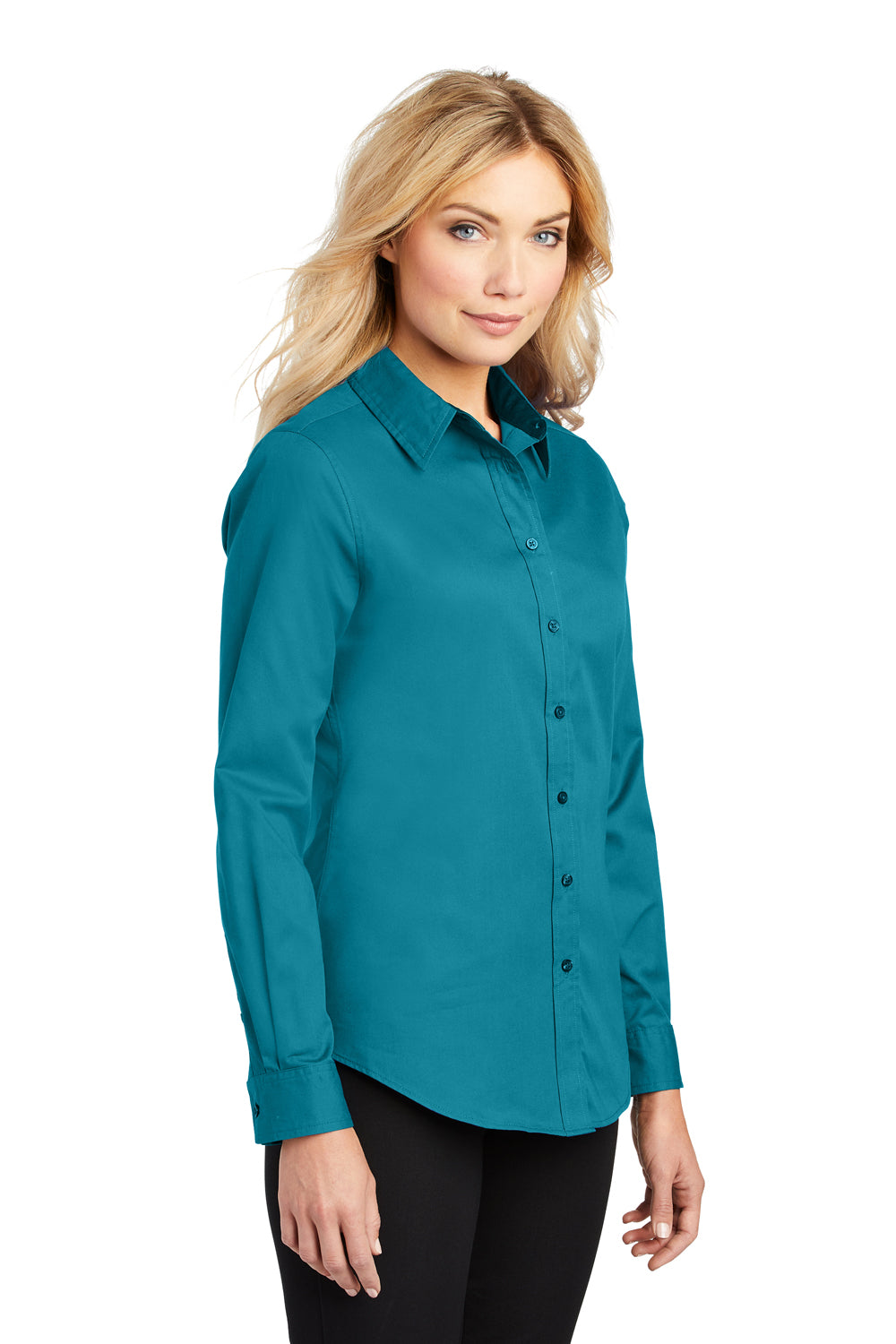 Port Authority L608 Womens Easy Care Wrinkle Resistant Long Sleeve Button Down Shirt Teal Green Model 3q