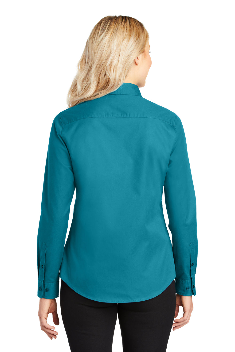 Port Authority L608 Womens Easy Care Wrinkle Resistant Long Sleeve Button Down Shirt Teal Green Model Back