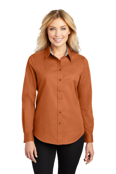 Port Authority L608 Womens Easy Care Wrinkle Resistant Long Sleeve Button Down Shirt Texas Orange Model Front