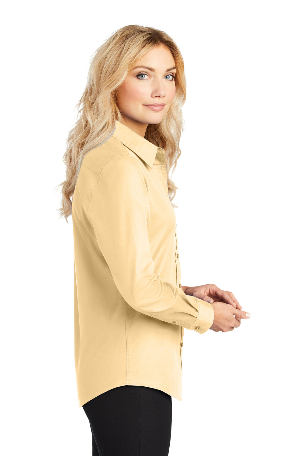 Port Authority L608 Womens Easy Care Wrinkle Resistant Long Sleeve Button Down Shirt Yellow Model Side