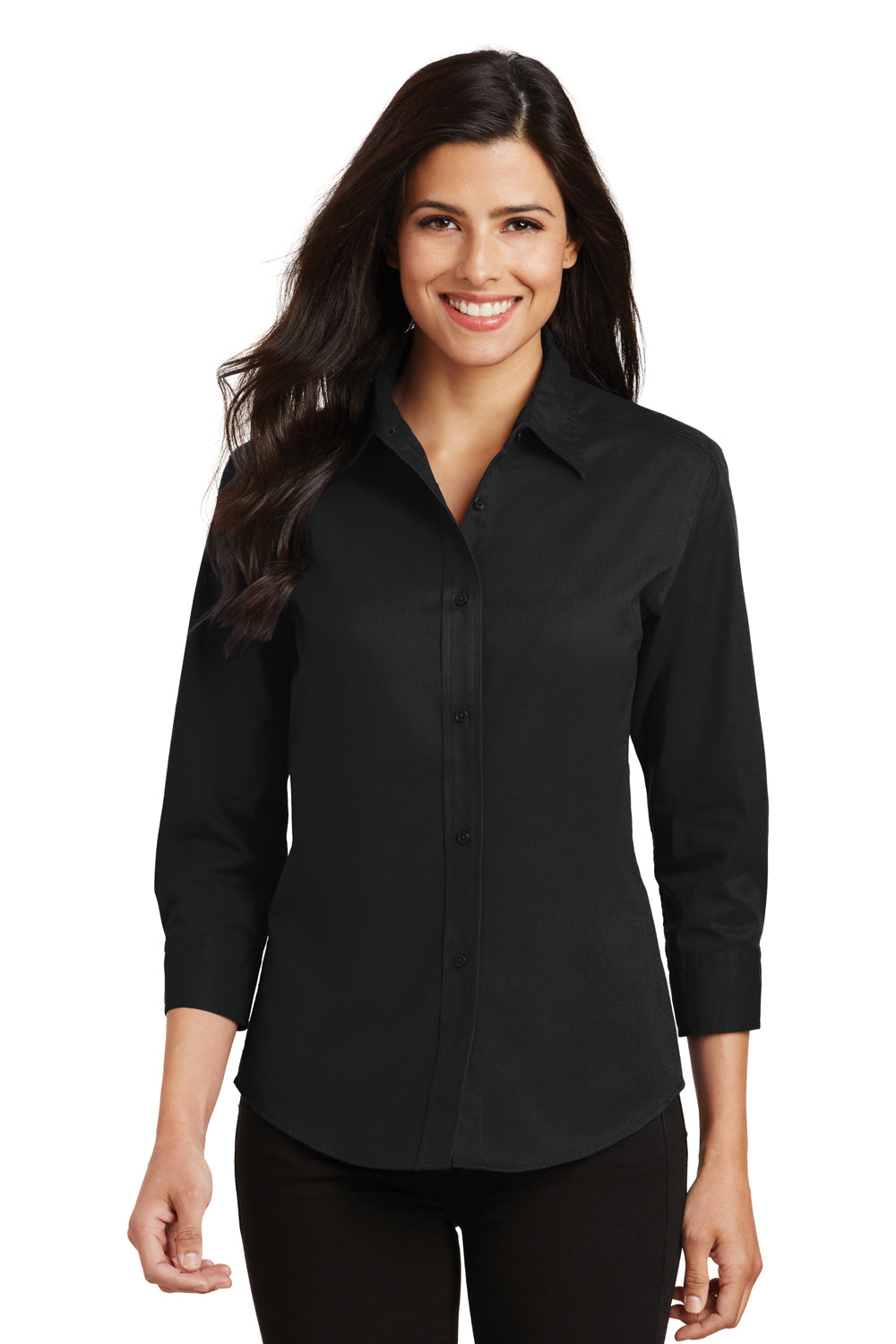 Port Authority L612 Womens Easy Care Wrinkle Resistant 3/4 Sleeve Button Down Shirt Black Model Front