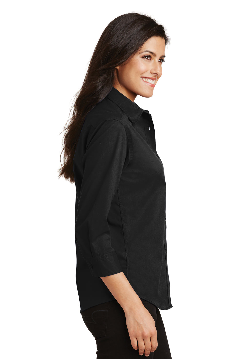 Port Authority L612 Womens Easy Care Wrinkle Resistant 3/4 Sleeve Button Down Shirt Black Model Side