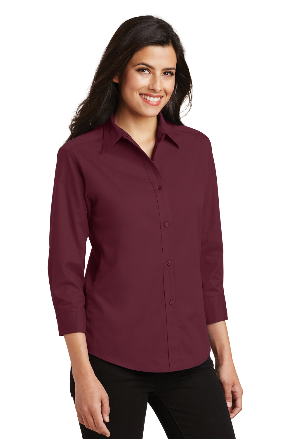 Port Authority L612 Womens Easy Care Wrinkle Resistant 3/4 Sleeve Button Down Shirt Burgundy Model 3q