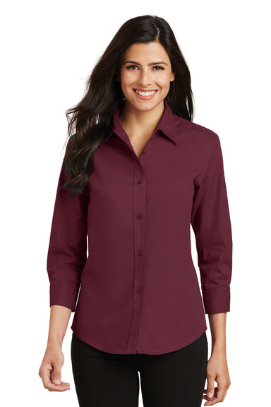 Port Authority L612 Womens Easy Care Wrinkle Resistant 3/4 Sleeve Button Down Shirt Burgundy Model Front