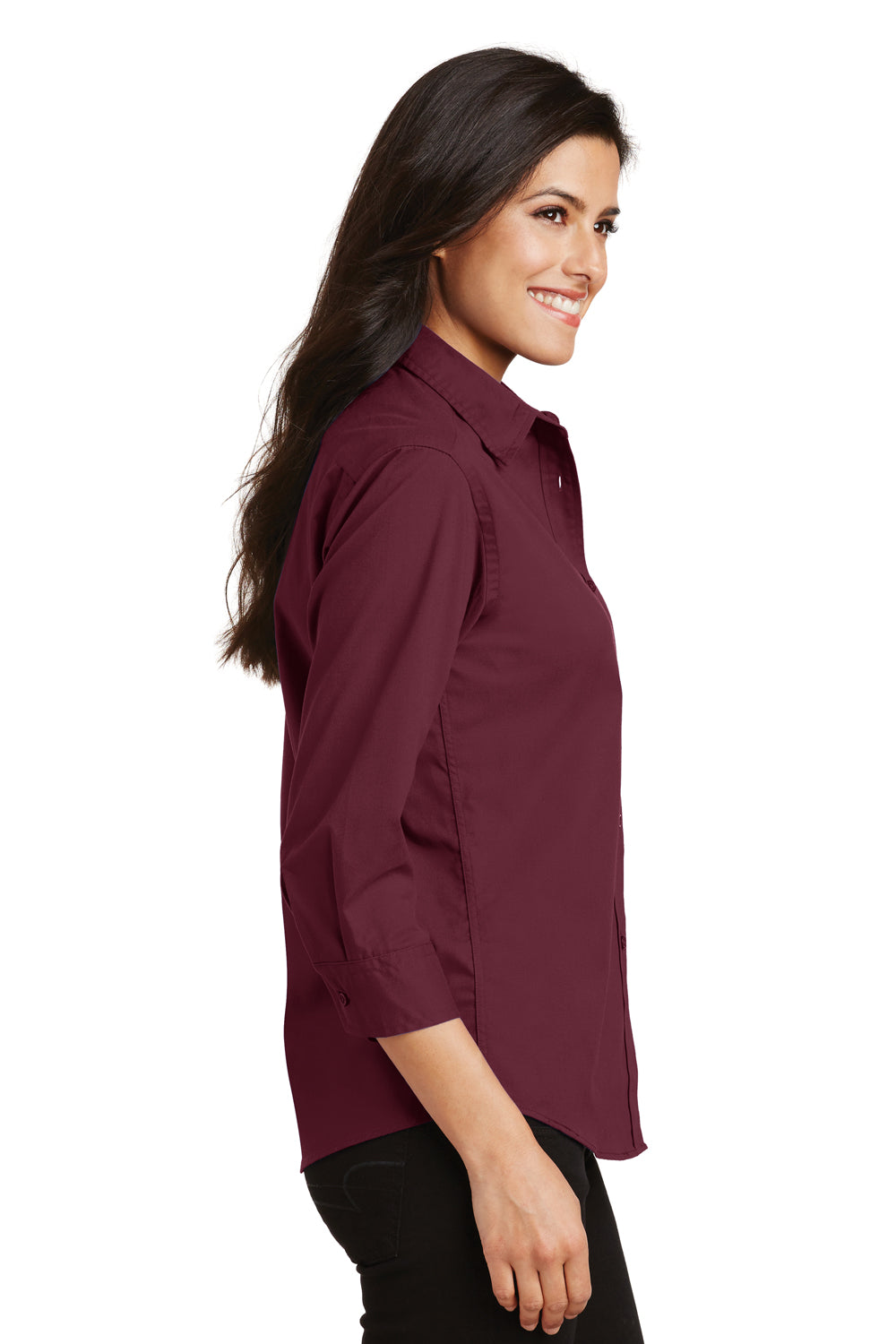 Port Authority L612 Womens Easy Care Wrinkle Resistant 3/4 Sleeve Button Down Shirt Burgundy Model Side