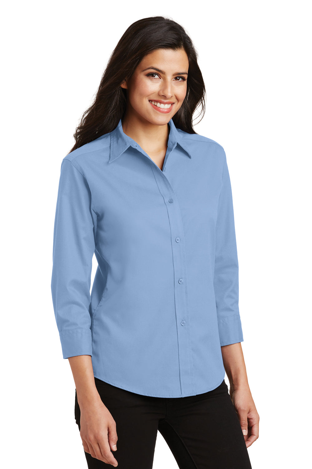 Port Authority L612 Womens Easy Care Wrinkle Resistant 3/4 Sleeve Button Down Shirt Light Blue Model 3q