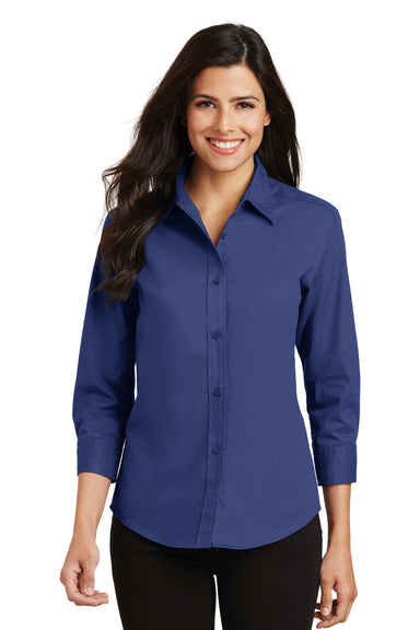 Port Authority L612 Womens Easy Care Wrinkle Resistant 3/4 Sleeve Button Down Shirt Mediterranean Blue Model Front