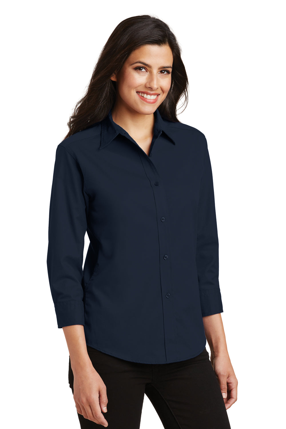 Port Authority L612 Womens Easy Care Wrinkle Resistant 3/4 Sleeve Button Down Shirt Navy Blue Model 3q