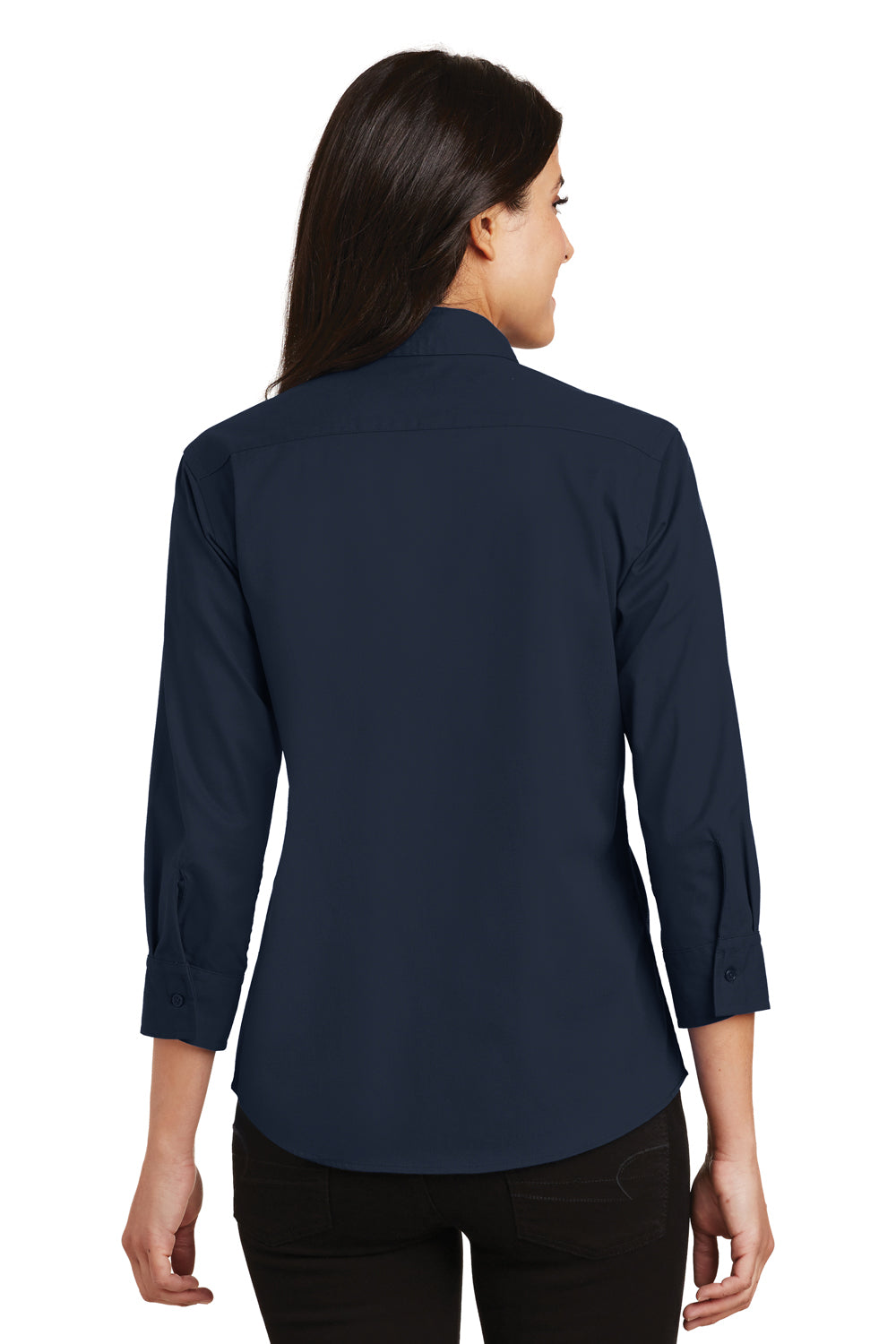 Port Authority L612 Womens Easy Care Wrinkle Resistant 3/4 Sleeve Button Down Shirt Navy Blue Model Back