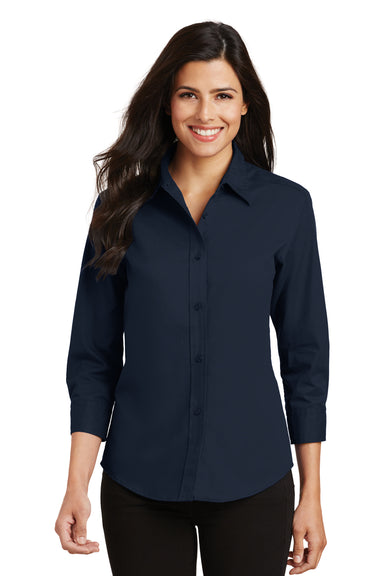 Port Authority L612 Womens Easy Care Wrinkle Resistant 3/4 Sleeve Button Down Shirt Navy Blue Model Front