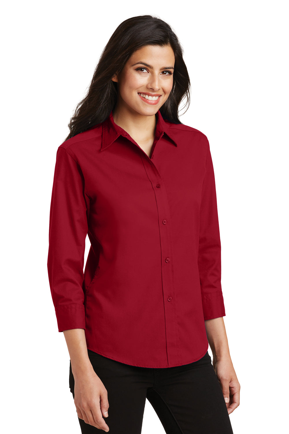 Port Authority L612 Womens Easy Care Wrinkle Resistant 3/4 Sleeve Button Down Shirt Red Model 3q