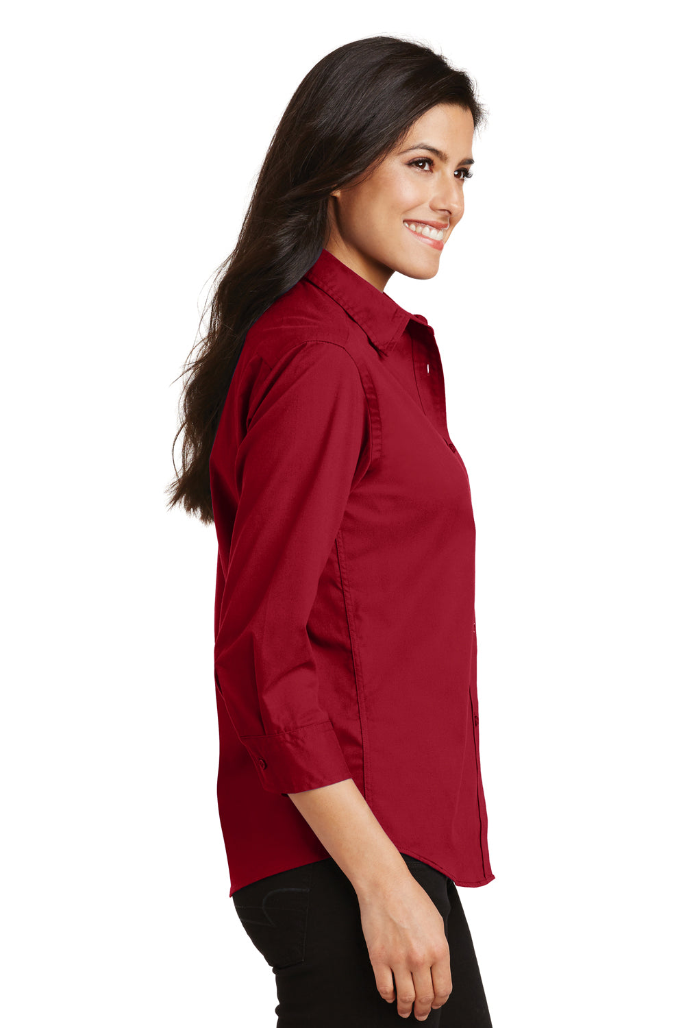 Port Authority L612 Womens Easy Care Wrinkle Resistant 3/4 Sleeve Button Down Shirt Red Model Side