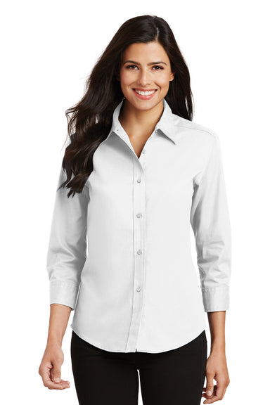 Port Authority L612 Womens Easy Care Wrinkle Resistant 3/4 Sleeve Button Down Shirt White Model Front