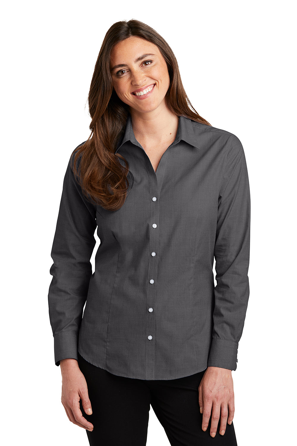 Port Authority L640 Womens Easy Care Wrinkle Resistant Long Sleeve Button Down Shirt Soft Black Model Front