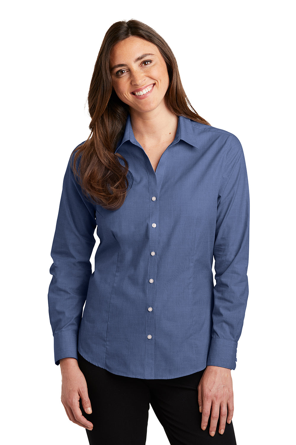 Port Authority L640 Womens Easy Care Wrinkle Resistant Long Sleeve Button Down Shirt Deep Blue Model Front