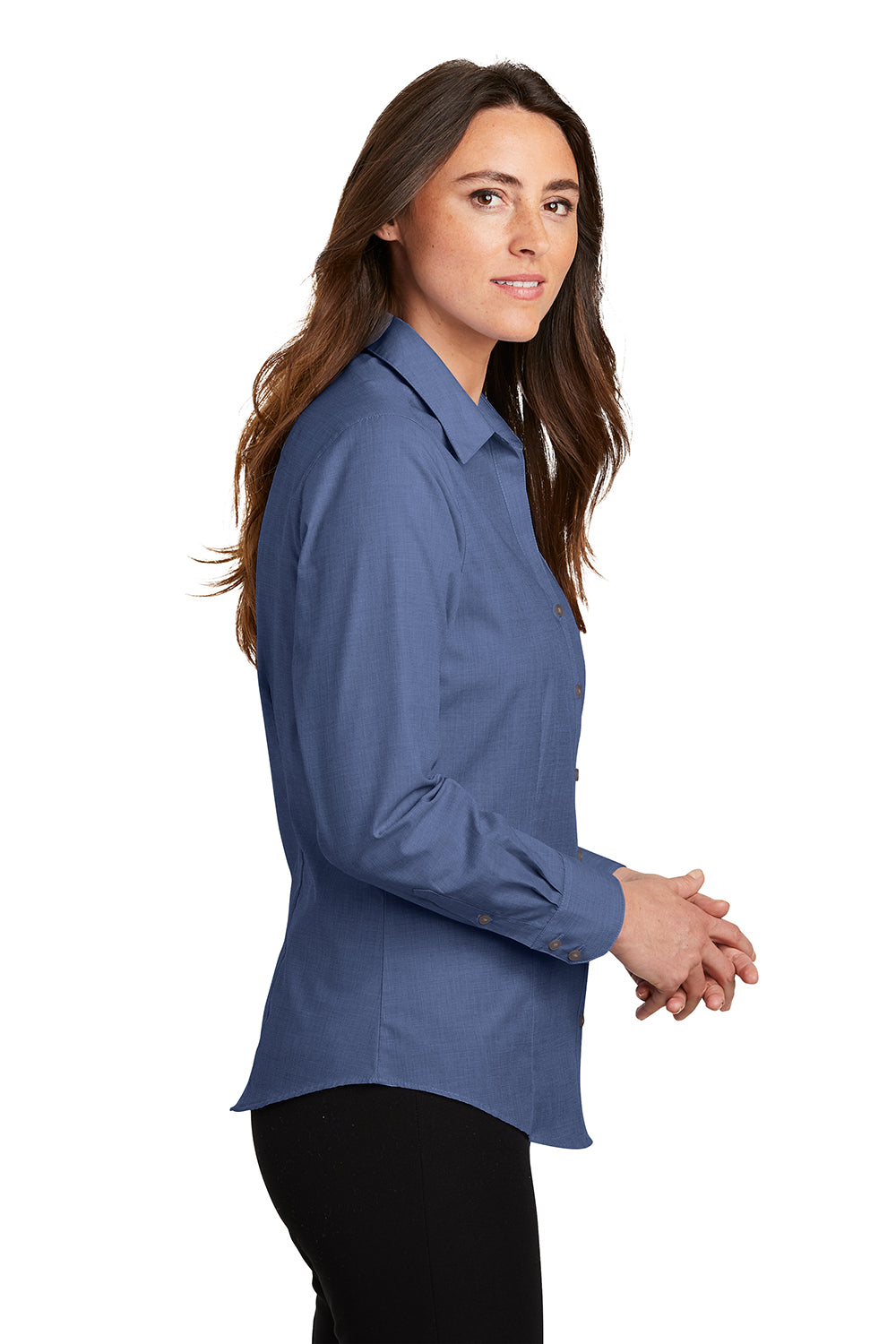 Port Authority L640 Womens Easy Care Wrinkle Resistant Long Sleeve Button Down Shirt Deep Blue Model Side