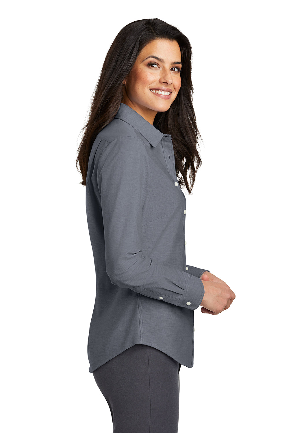 Port Authority L658 Womens SuperPro Oxford Wrinkle Resistant Long Sleeve Button Down Shirt Black Model Side