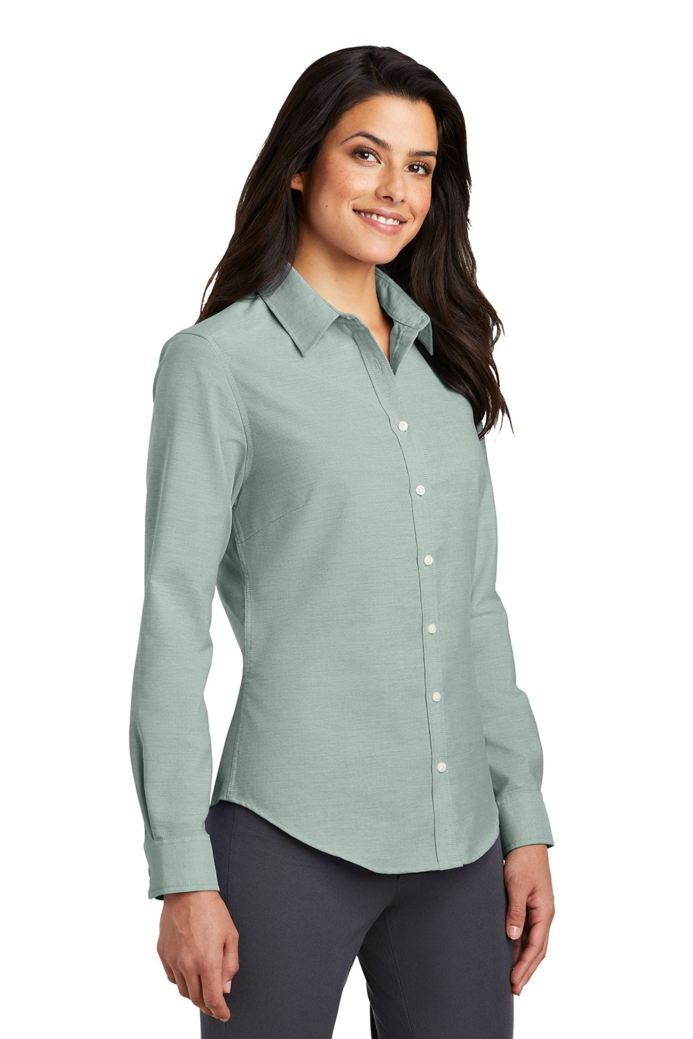 Port Authority L658 Womens SuperPro Oxford Wrinkle Resistant Long Sleeve Button Down Shirt Green Model 3q