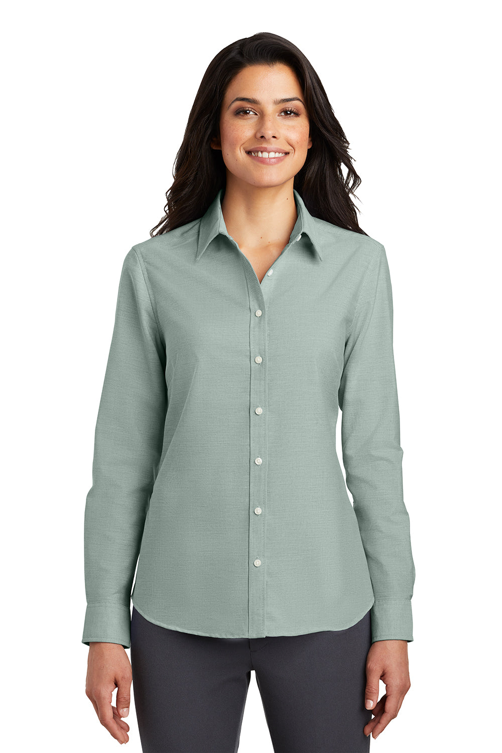 Port Authority L658 Womens SuperPro Oxford Wrinkle Resistant Long Sleeve Button Down Shirt Green Model Front