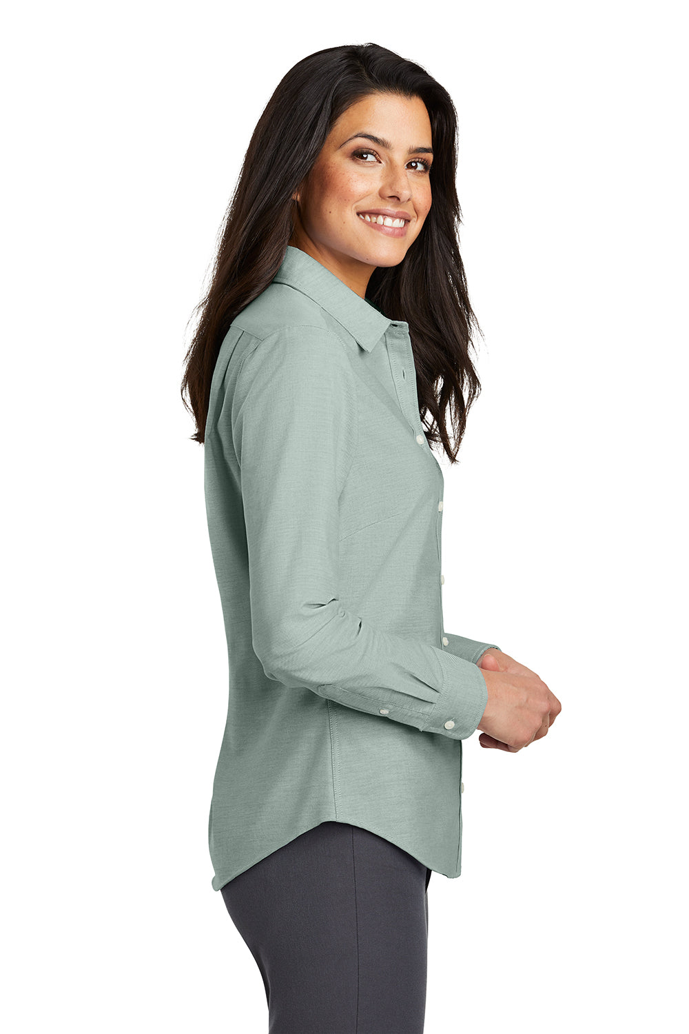 Port Authority L658 Womens SuperPro Oxford Wrinkle Resistant Long Sleeve Button Down Shirt Green Model Side