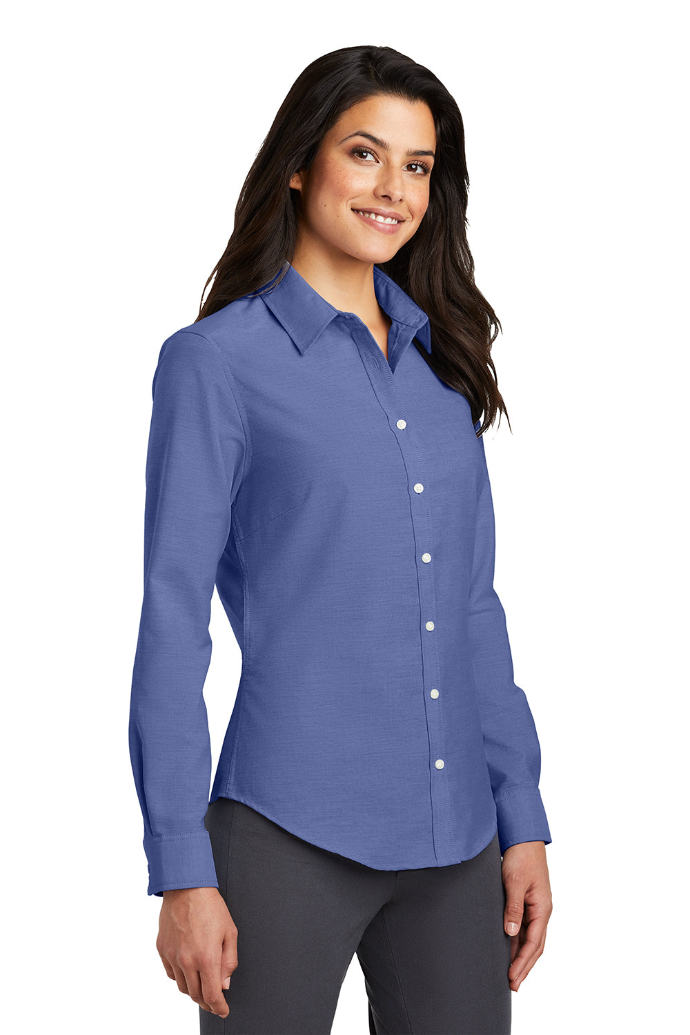 Port Authority L658 Womens SuperPro Oxford Wrinkle Resistant Long Sleeve Button Down Shirt Navy Blue Model 3q