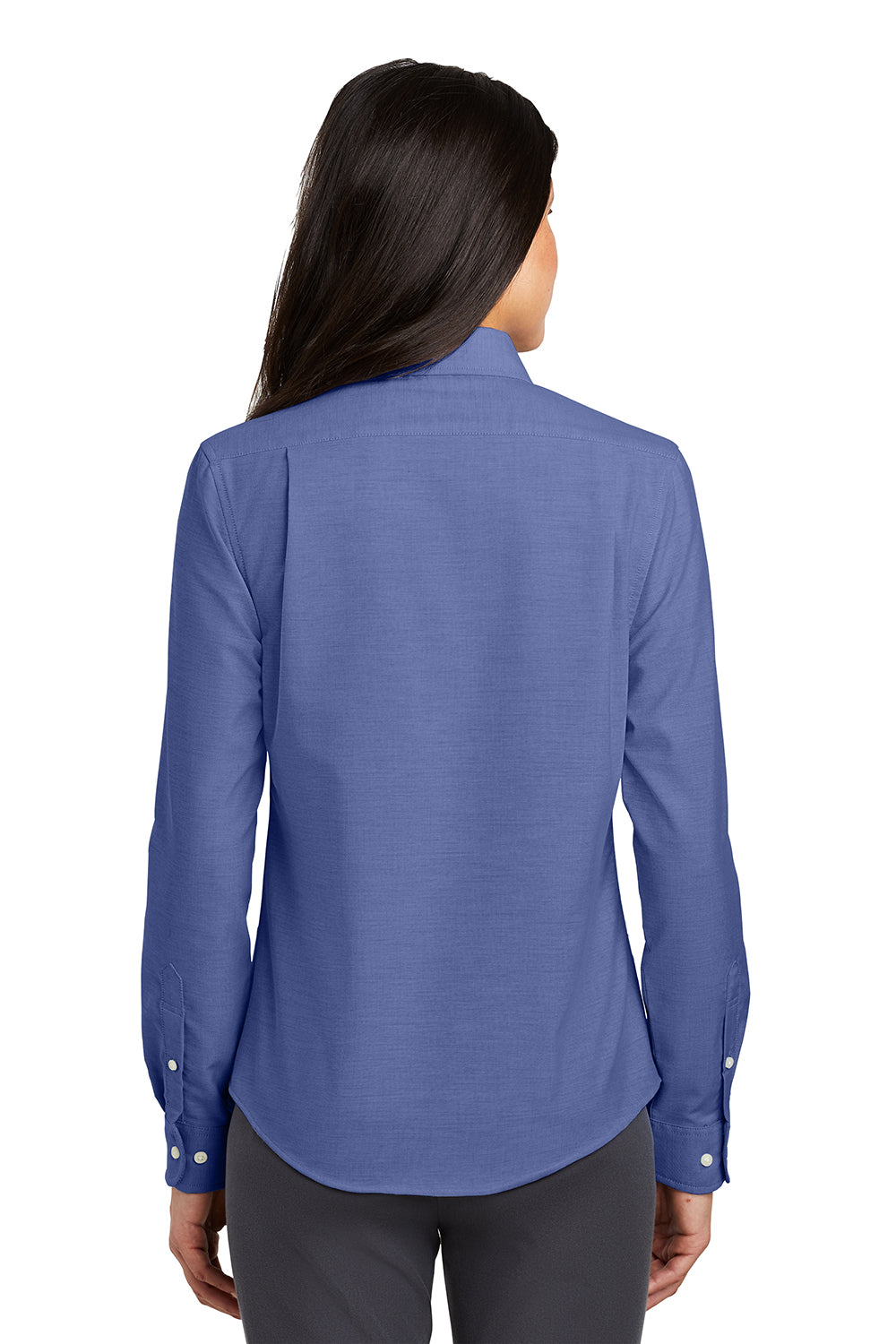 Port Authority L658 Womens SuperPro Oxford Wrinkle Resistant Long Sleeve Button Down Shirt Navy Blue Model Back