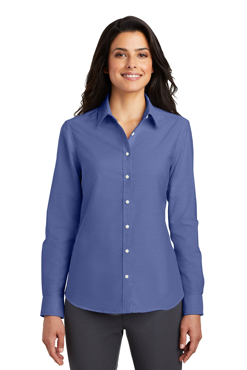 Port Authority L658 Womens SuperPro Oxford Wrinkle Resistant Long Sleeve Button Down Shirt Navy Blue Model Front