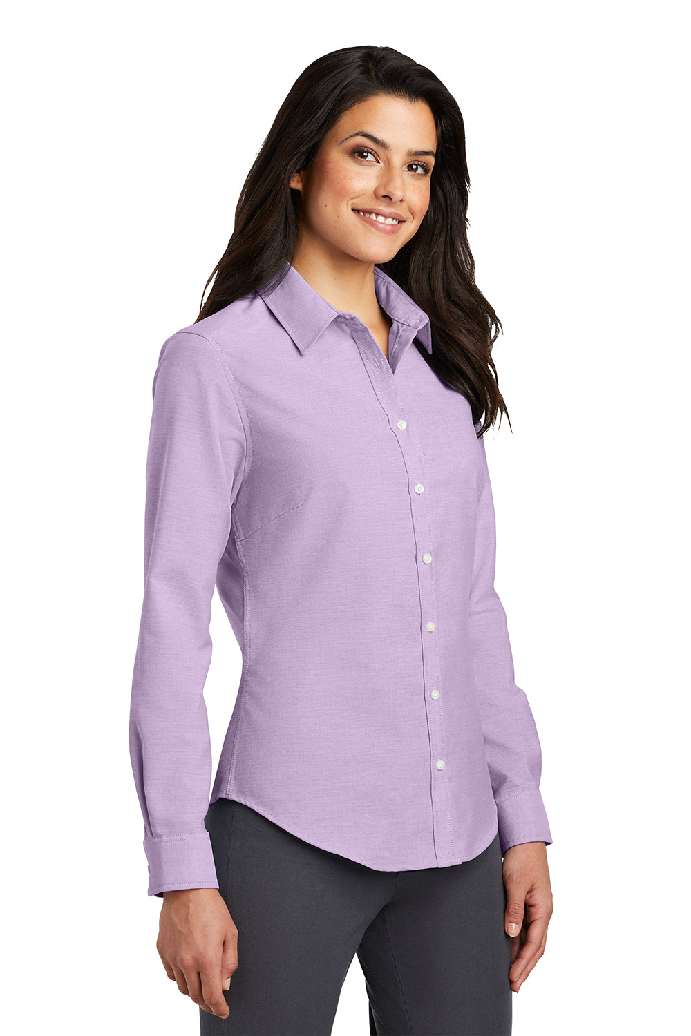 Port Authority L658 Womens SuperPro Oxford Wrinkle Resistant Long Sleeve Button Down Shirt Soft Purple Model 3q