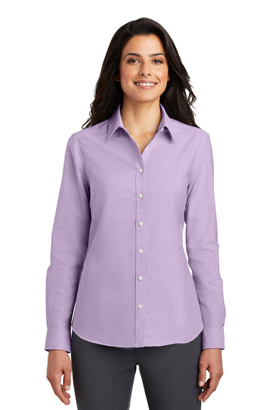 Port Authority L658 Womens SuperPro Oxford Wrinkle Resistant Long Sleeve Button Down Shirt Soft Purple Model Front