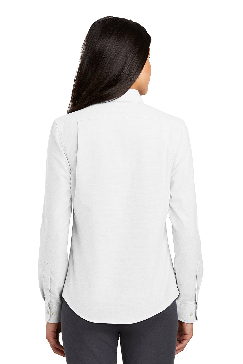 Port Authority L658 Womens SuperPro Oxford Wrinkle Resistant Long Sleeve Button Down Shirt White Model Back