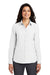 Port Authority L658 Womens SuperPro Oxford Wrinkle Resistant Long Sleeve Button Down Shirt White Model Front