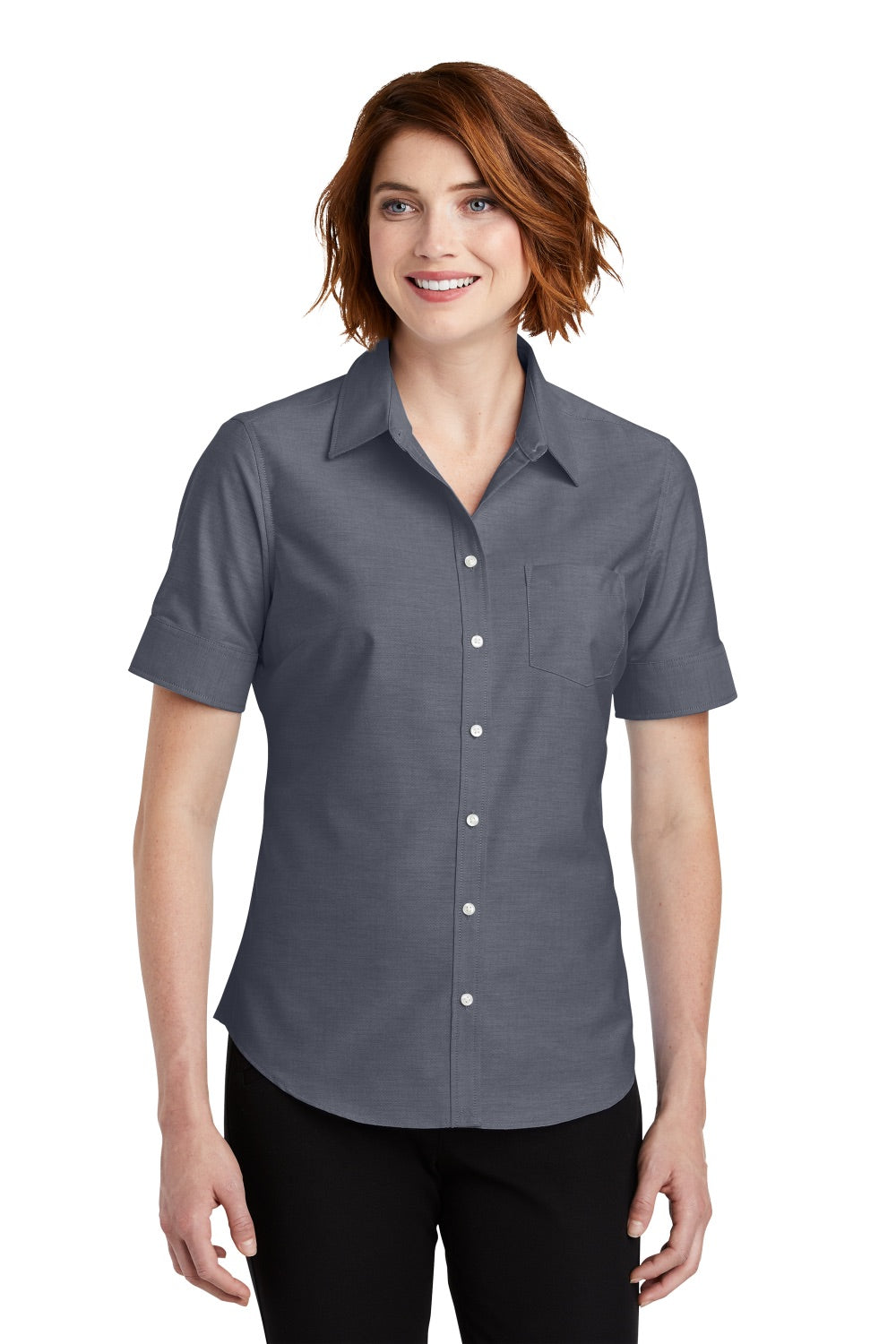 Port Authority L659 Womens SuperPro Oxford Wrinkle Resistant Short Sleeve Button Down Shirt w/ Pocket Black Model Front