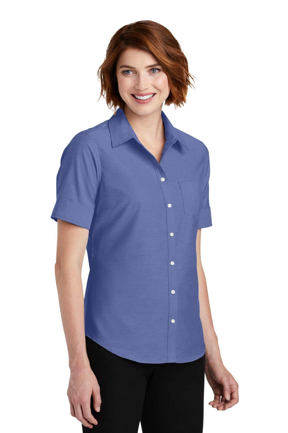 Port Authority L659 Womens SuperPro Oxford Wrinkle Resistant Short Sleeve Button Down Shirt w/ Pocket Navy Blue Model 3q